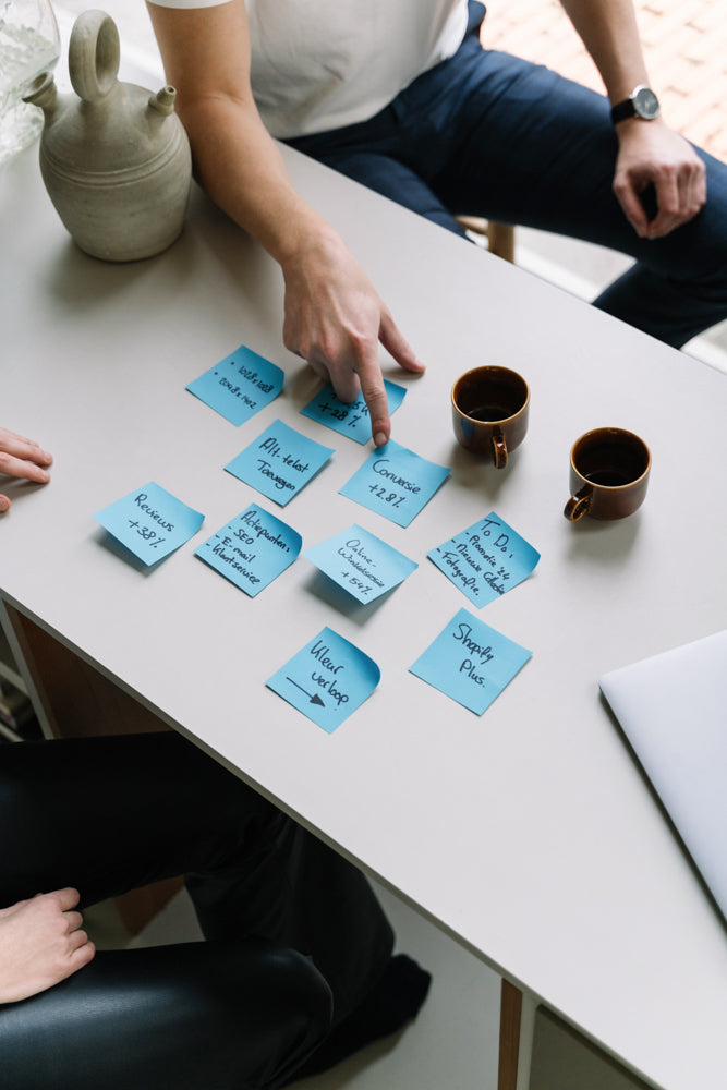 De WBshopmaker wijzend naar blauwe post-its